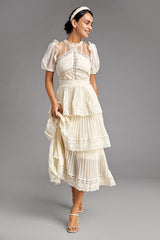 - Beige Mesh Lace Trim Pleated Tiered Maxi Dress