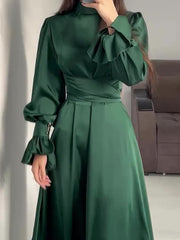 A-Line Long Sleeves Pleated Solid Color Tied Waist Zipper Mock Neck Maxi Dresses