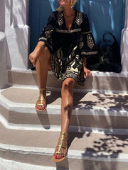 Embroidered Split-Joint Flared Sleeves Loose Deep V-Neck Mini Dresses