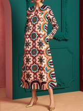 Contrast Color Flower Print Long Sleeves Round-Neck Midi Dresses