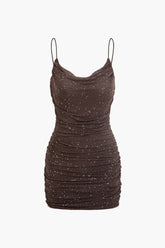 Sequin Cowl Neck Ruched Mesh Slip Mini Dress