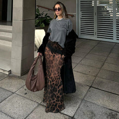 Leopard Mesh Skirt Women's Sexy See-through Mesh Skirt Fashion Printed Patchwork Slim Party Retro Long Skirt Streetwear