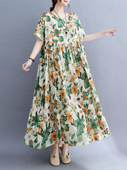 Floral Printed Pleated Split-Joint Loose Short Sleeves Round-Neck Midi Dresses