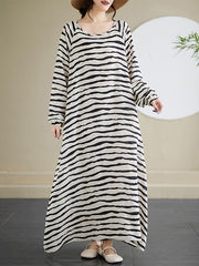 Contrast Color Elasticity Striped A-Line Long Sleeves Round-Neck Maxi Dresses