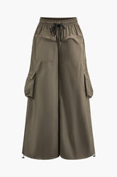 High Waist Drawstring Multi Pocket Wide Leg Cargo Pants