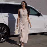 Elegant Sleeveless Single-Breasted Ribbed Knitwear Long Dress For Women High Waist Bodycon Knitted Fake Pocket Dress NewChristmas Gifts