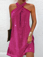 A-Line Loose Hollow Sequined Solid Color Halter-Neck Mini Dresses