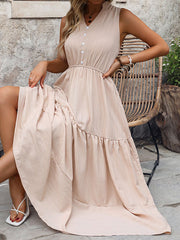 A-line High Waisted Buttoned Elasticity Pleated Split-Joint V-neck Midi Dresses