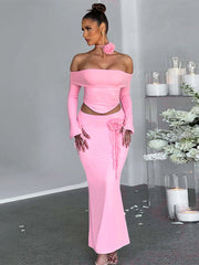 Flower Bodycon Skirt Sets Women Slim Sexy Backless Lace Up Tops Women's Party Elegant Dress 2 Piece Womens Suits OutfitsChristmas Gifts