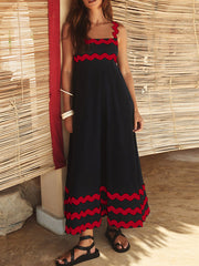 Contrast Color Zipper A-Line High Waisted Square-Neck Midi Dresses