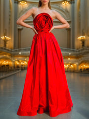 High Waisted Loose Pleated Solid Color Split-Joint Three-Dimensional Flower Zipper Tube Maxi Dresses