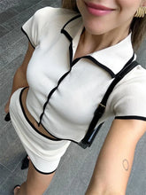 Contrast Color Knitted Mini Skirt Suit Women's Short Sleeve T-shirt Slim High Waisted Skirts Matching Sets Casual FashionChristmas Gifts