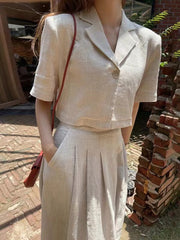 2024 New Fashion Elegant Loose Linen Short Shirt & A-line Skirt 2 Pieces Suit