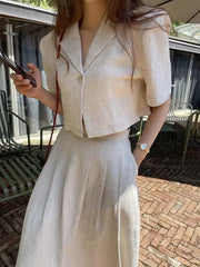 2024 New Fashion Elegant Loose Linen Short Shirt & A-line Skirt 2 Pieces Suit