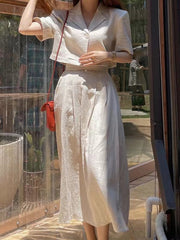 2024 New Fashion Elegant Loose Linen Short Shirt & A-line Skirt 2 Pieces Suit