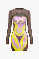 Body Print Round Neck Cut Out Long Sleeve Mini Dress