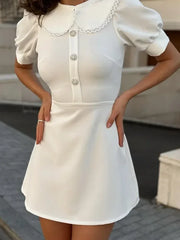 Elegant Slim Mini Dress Women Lace Short Sleeve Doll Collar Button Splice Autumn Fashion Classic Office Dresses FemaleChristmas Gifts