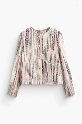 Button Front Round Neck Long Sleeve Tweed Jacket