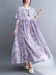 Vacation Short Sleeves Loose Floral Printed Round-Neck Midi Dresses