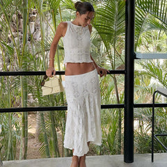 Lace Skirt Suit Women Summer White Slim Sleeveless Crop Tops Ladies Holiday Casual Beach Skirt 2 Piece Set Womens Outfits