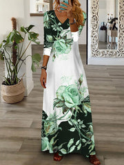 Contrast Color Flower Print Loose Wrap V-Neck Maxi Dresses