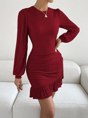 Bodycon Long Sleeves Pleated Ruffle Trim Solid Color Split-Joint Round-Neck Mini Dresses