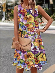 Flower Print A-line Loose Round-neck Mini Dresses