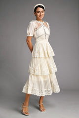 - Beige Mesh Lace Trim Pleated Tiered Maxi Dress