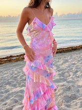 Flower Printed Gradient Sleevless Spaghetti-Neck Maxi Dresses