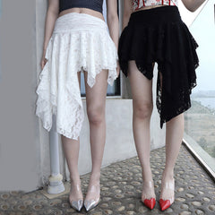 Holiday Solid Color Lace Ruffled Skirt For Women Sexy Low Waist Irregular Mini Skirt Splice Hot Girl Clubs Party SkirtChristmas Gifts