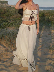 Ruffle Bandage Mesh Dress Sets For Women Lace See Through Crop Tops Ladies Holiday Elegant Skirt Suits Womens Outfits NewChristmas Gifts