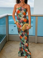 Fish Scale Print Sleevless Spaghetti-Neck Elegant Wrap Maxi Dresses