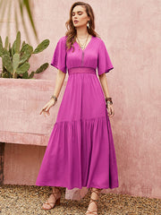 Vacation Half Sleeves Wrap Solid Color V-Neck Maxi Dress