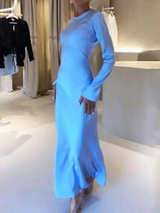 Solid Color A-Line High Waisted Round-Neck Maxi Dresses