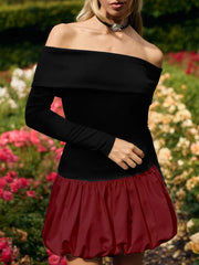 High Waisted Long Sleeves Contrast Color Pleated Split-Joint Off-The-Shoulder Mini Dresses