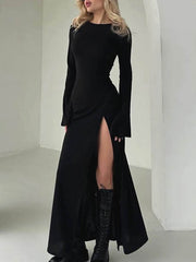 Long Sleeves Loose Asymmetric Solid Color Split-Joint Split-Side Round-Neck Maxi Dresses