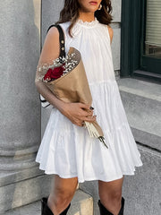 Pleated Ruffled Solid Color Split-Joint A-Line Loose Round-Neck Shirt Dress Mini Dresses