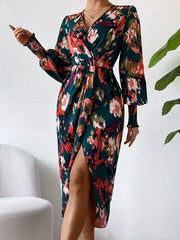 Elasticity Floral Printed Long Sleeves Loose V-Neck Shirt Dress Midi Dresses