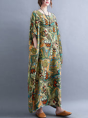 Original Artistic Retro Loose Printed Contrast Color Midi Dress