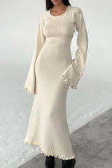 Casual Solid Backless Stringy Selvedge O Neck Long Sleeve Dresses(3 Colors)