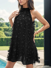 Mesh Solid Color Split-Joint Three-Dimensional Flower A-line Sleeveless Halter-Neck Mini Dresses