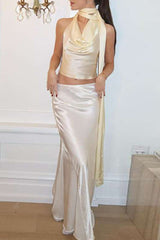 Elegant Solid Backless Halter Sleeveless Two Pieces