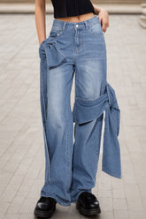 Casual Patchwork Belted High Waist Straight Denim Jeans