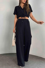 Casual Solid Color Buttons Belted Turndown Collar Short Sleeve Two Pieces(3 Colors)