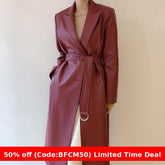 black sweater dress outfit Chic Autumn Retro Suit Collar Single-Breasted Lace-up Waist over-the-Knee Long PU Leather Trench Coat for Women