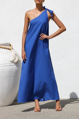 Casual Solid Color Lace Up Sloping Shoulder Irregular Dresses