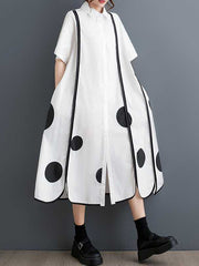 Buttoned Pockets Polka-Dot Split-Front Split-Joint A-Line Half Sleeves Lapel Shirt Dress Midi Dresses