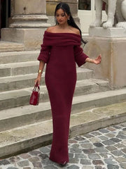 Off Shoulder Long Sleeve Knitted Maxi Dress Women Solid Fashion Backless Bodycon Vestidos 2025 New Lady Party StreetwearChristmas Gifts