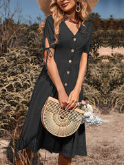 A-Line High Waisted Buttoned Hollow Pleated Split-Joint Tied V-Neck Midi Dresses