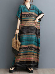 Split-Joint Striped A-Line Batwing Sleeves V-Neck Maxi Dresses